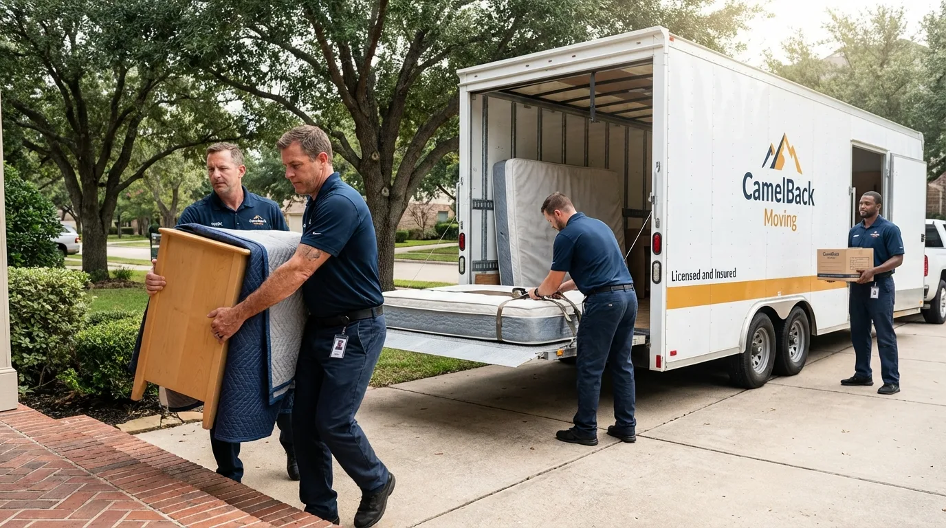 Crew loading residential truck for cross-state move from Joshua Tree, CA