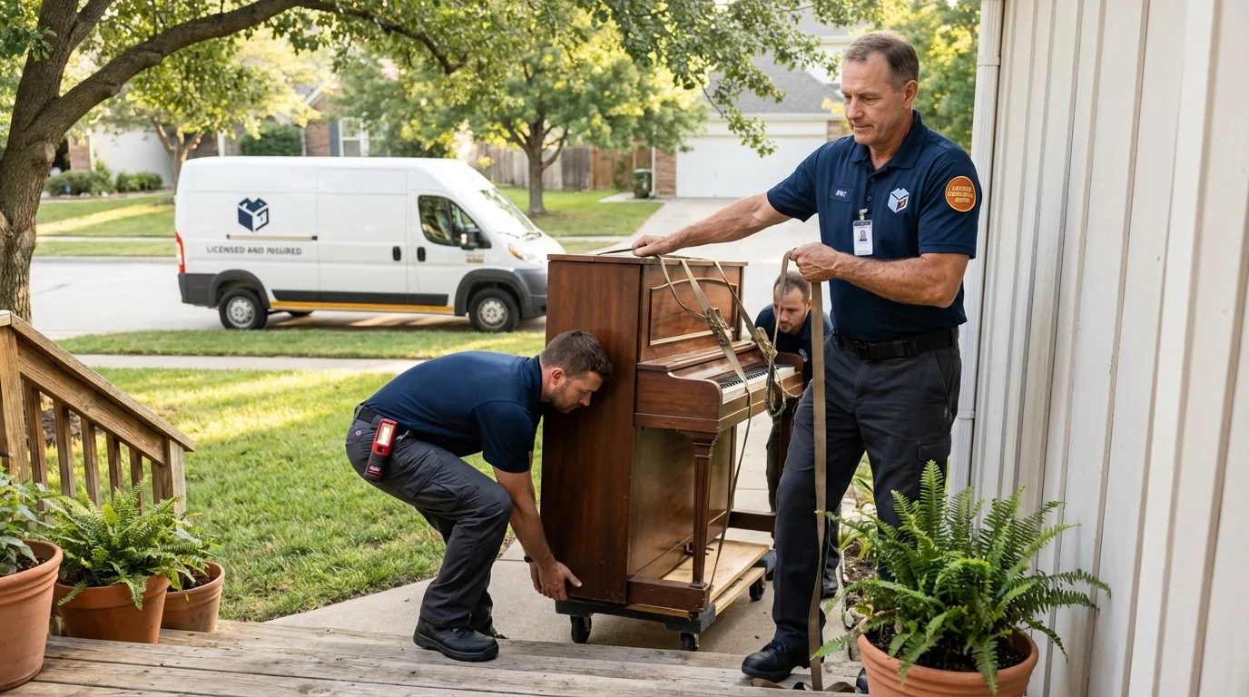 Licensed piano movers securing grand piano in Joshua Tree, CA