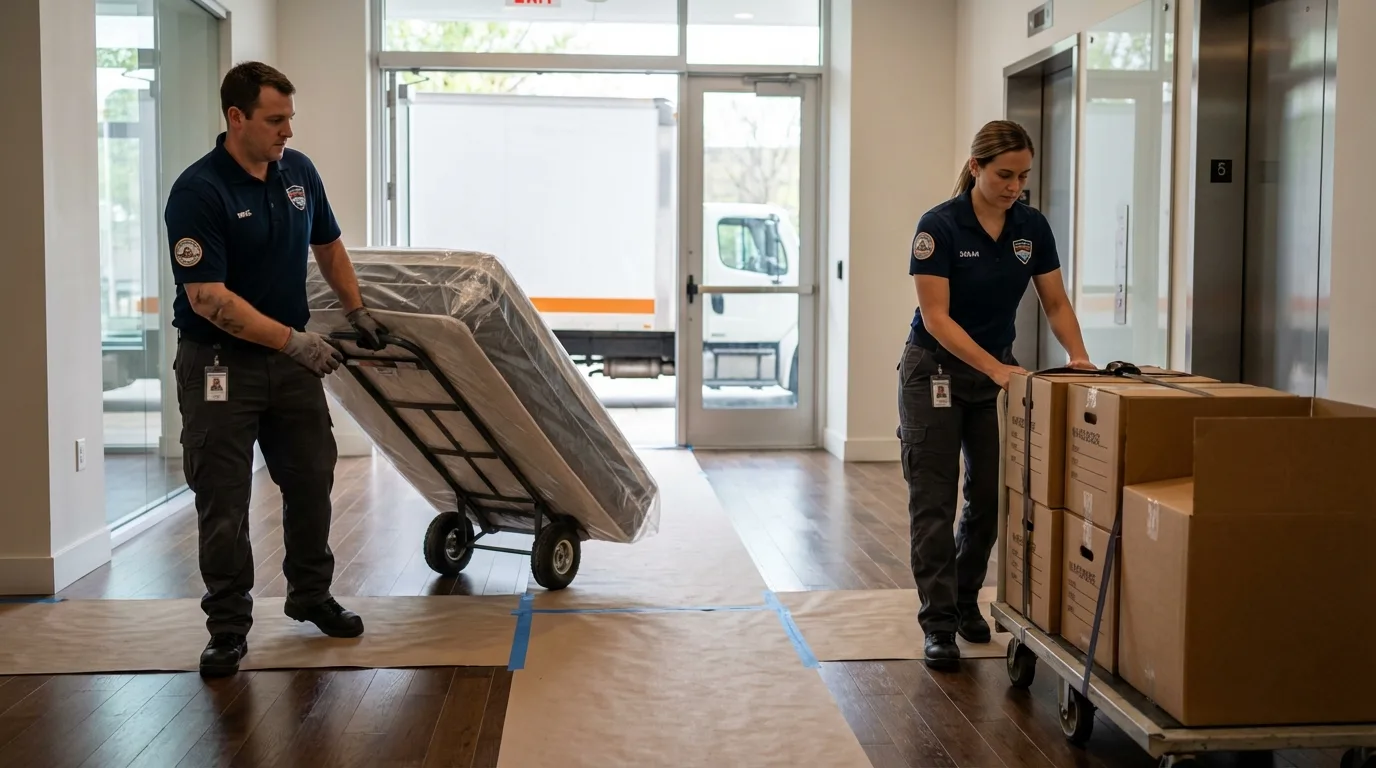 Professional apartment movers loading elevator in Joshua Tree, CA